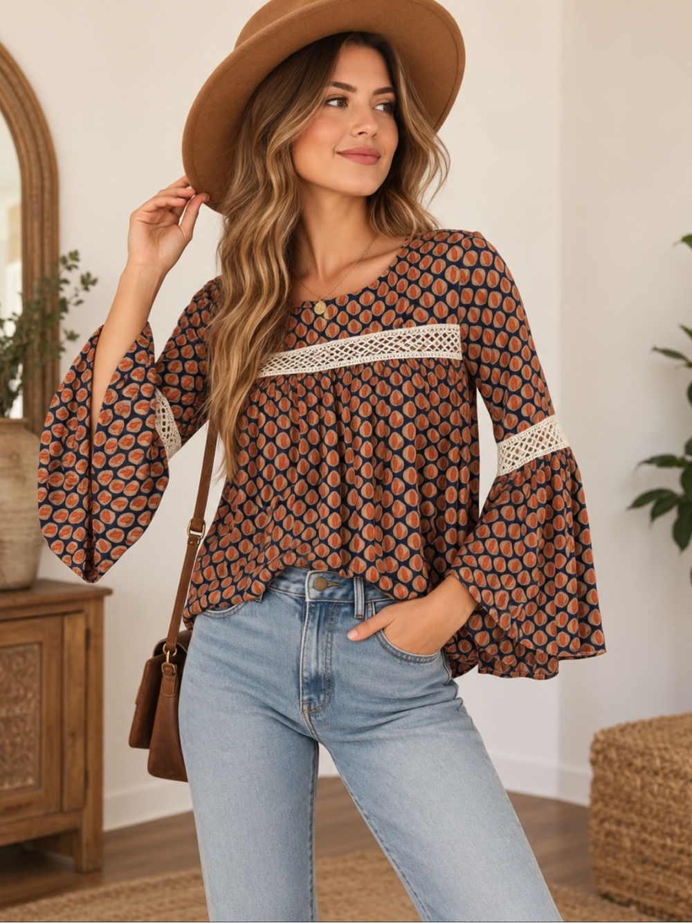 Vintage Printed Bell-Sleeve Blouse — Mishick Prysm by L’Stich